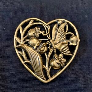 Vintage Heart and Butterfly Embossed Brass Brooch